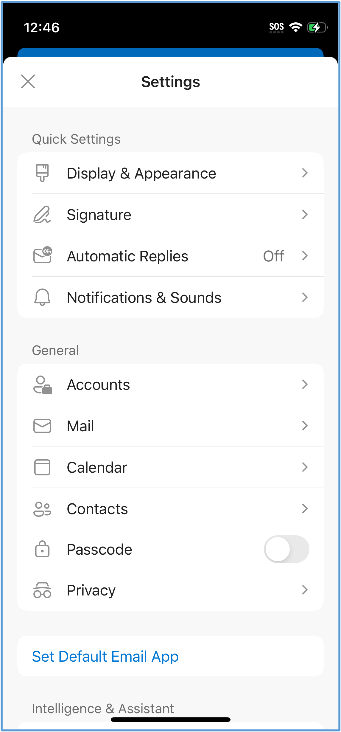 Microsoft Outlook settings on IOS.